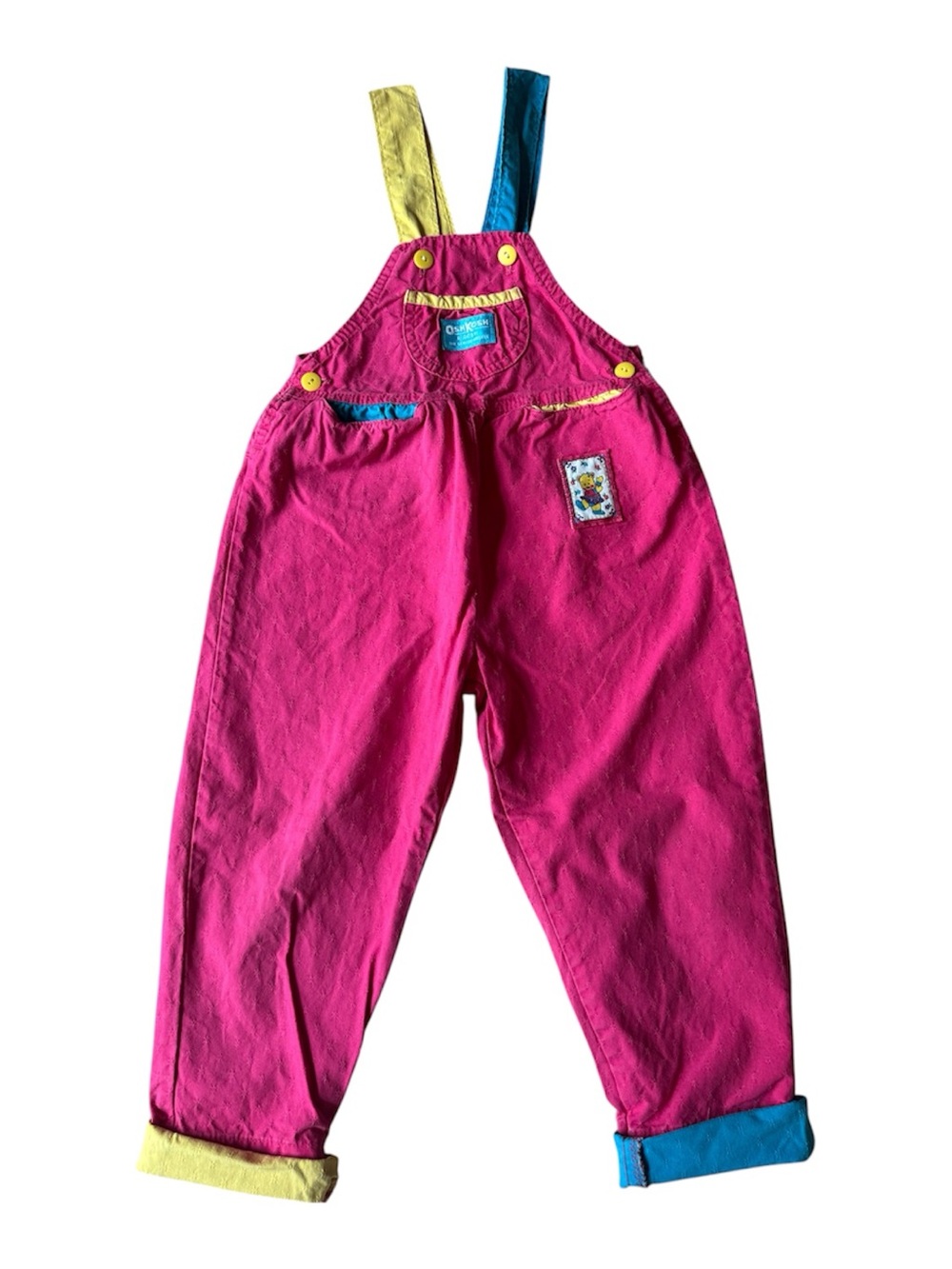 OshKosh B'gosh Hot Pink Overalls with Yellow and Blue Accents